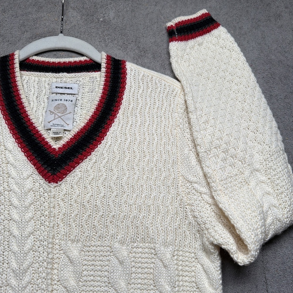 Diesel Men's Cable Knit V Neck‎ Sweater Preppy Collegiate Ivory Small